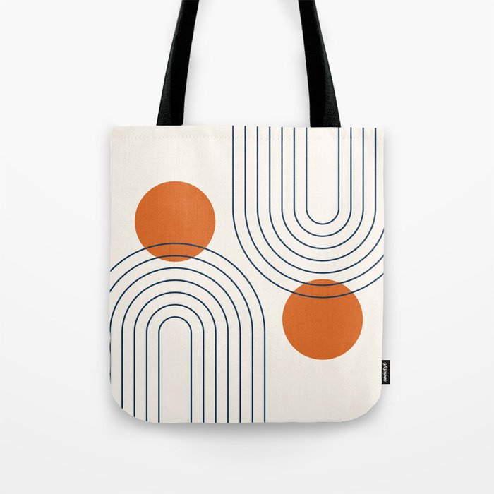 Mid Century Modern Geometric 88 in Navy Blue and Orange (Rainbow and Sun Abstraction) Tote Bag Gallery Image 1