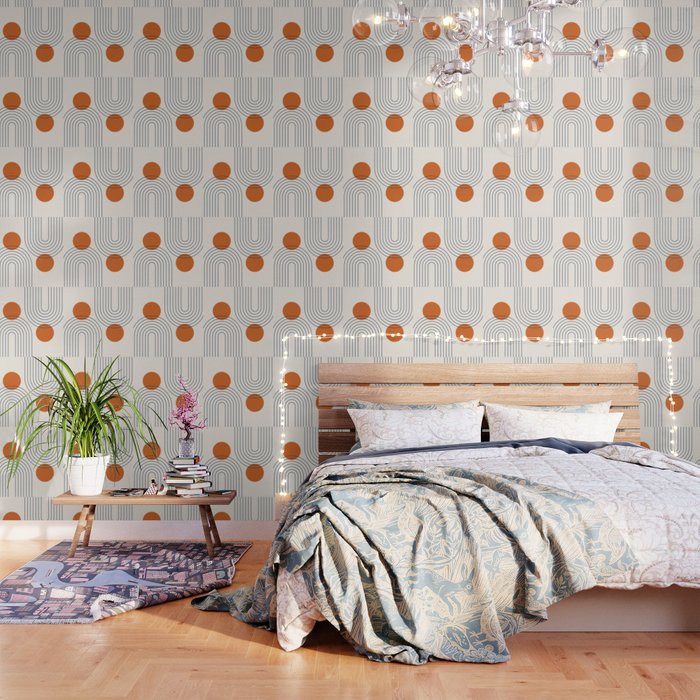 Mid Century Modern Geometric 88 in Navy Blue and Orange (Rainbow and Sun Abstraction) Wallpaper Gallery Image 3