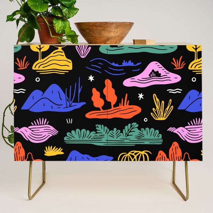 Colorful nature landscape doodle pattern Credenza Gallery Image 1