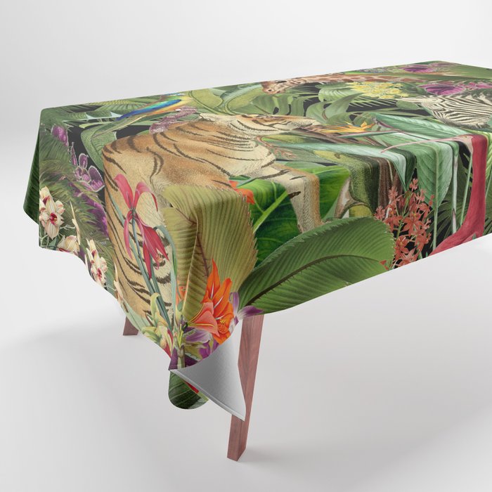 Tropical Eden Jungle on Black Vintage Print Tablecloth Gallery Image 1
