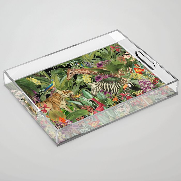 Tropical Eden Jungle on Black Vintage Print Acrylic Tray Gallery Image 1