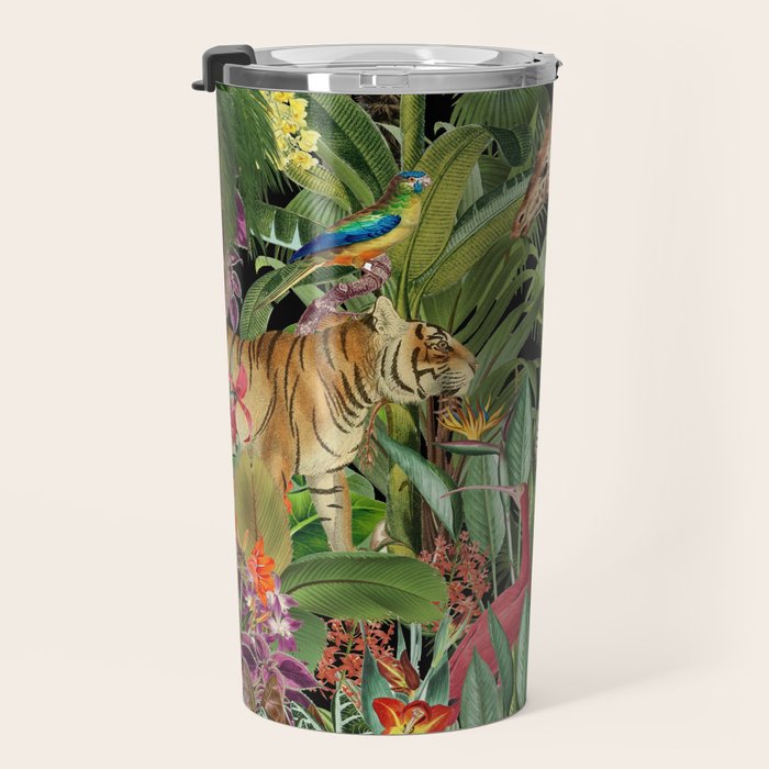 Tropical Eden Jungle on Black Vintage Print Travel Mug Gallery Image 3