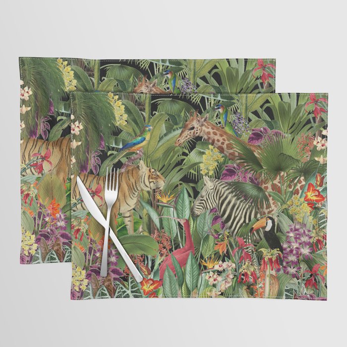 Tropical Eden Jungle on Black Vintage Print Placemat Gallery Image 1