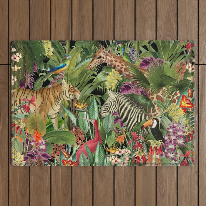 Tropical Eden Jungle on Black Vintage Print Outdoor Rug Gallery Image 1