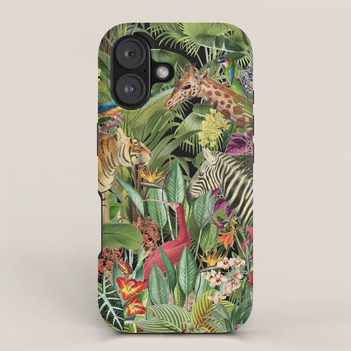 Tropical Eden Jungle on Black Vintage Print iPhone Case Gallery Image 1