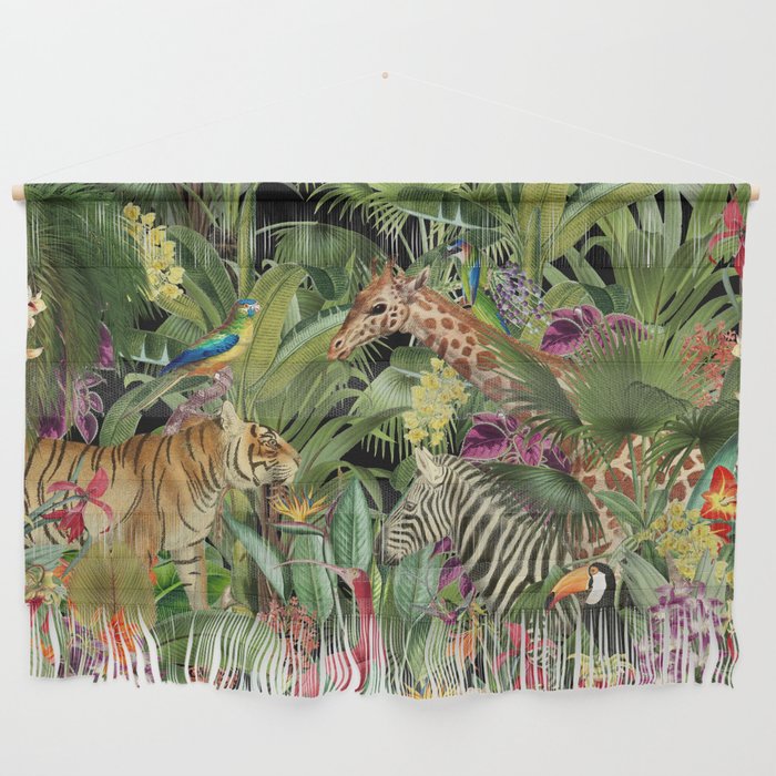Tropical Eden Jungle on Black Vintage Print Wall Hanging Gallery Image 1