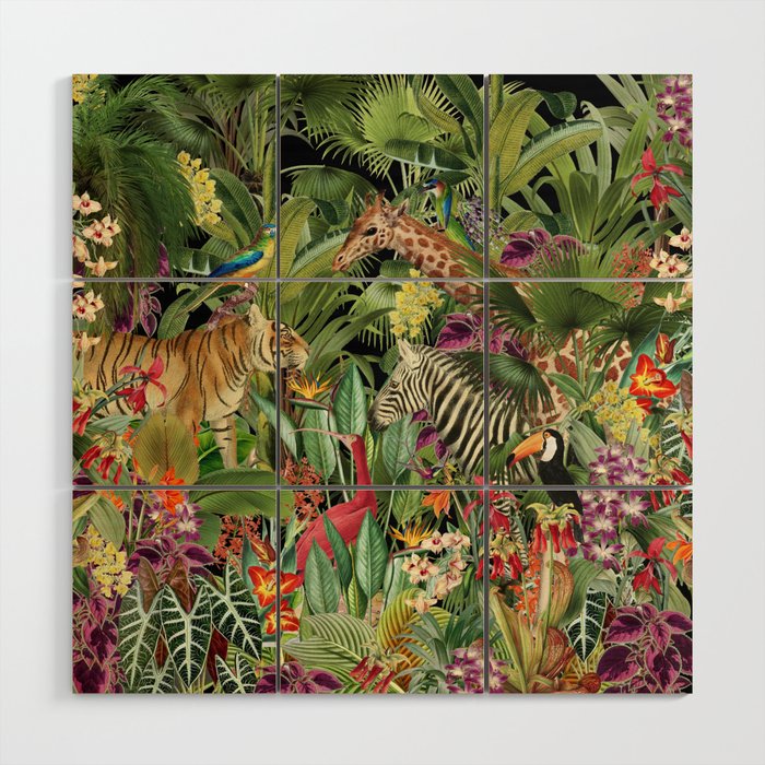 Tropical Eden Jungle on Black Vintage Print Wood Wall Art Gallery Image 1
