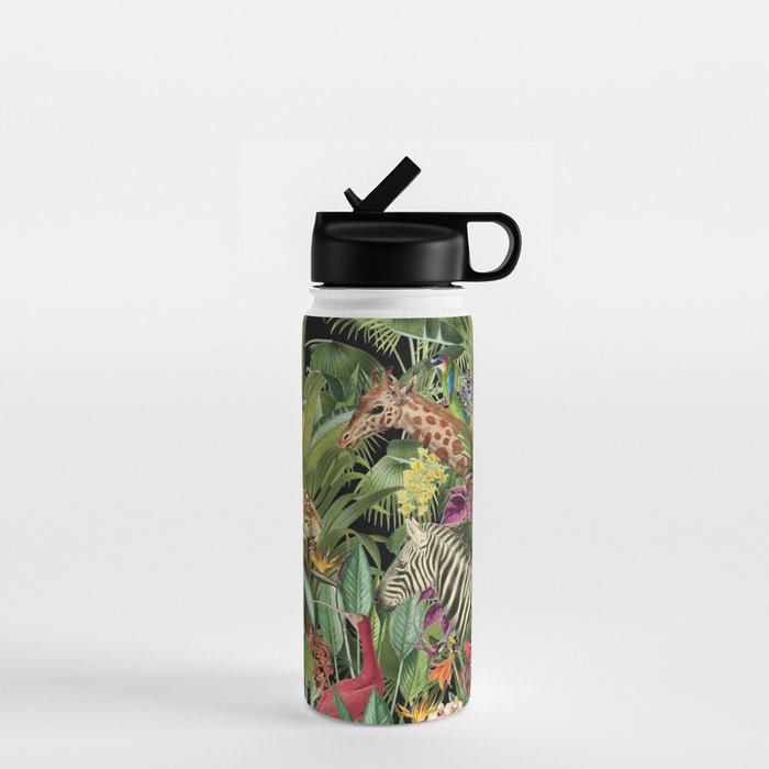 Tropical Eden Jungle on Black Vintage Print Water Bottle Gallery Image 1