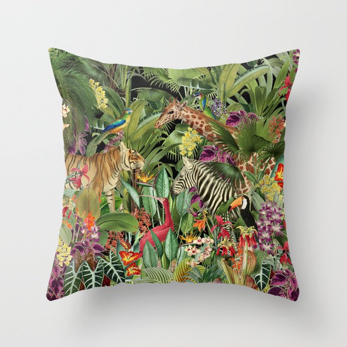 Tropical Eden Jungle on Black Vintage Print Throw Pillow Gallery Image 1