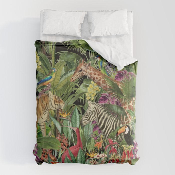 Tropical Eden Jungle on Black Vintage Print Comforter Gallery Image 6
