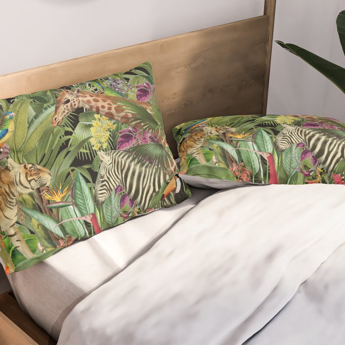 Tropical Eden Jungle on Black Vintage Print Pillow Sham Gallery Image 2