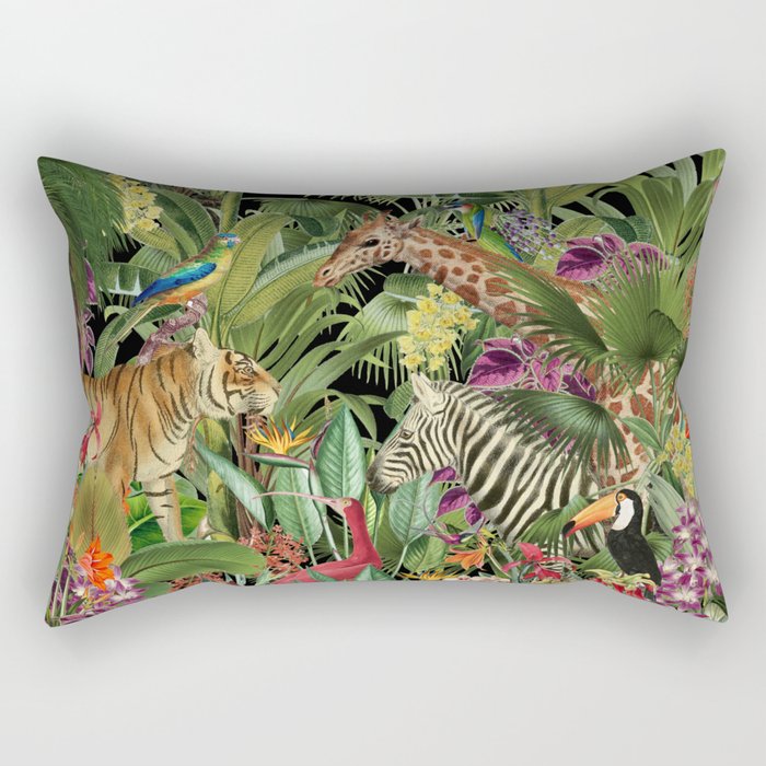 Tropical Eden Jungle on Black Vintage Print Rectangular Pillow Gallery Image 1
