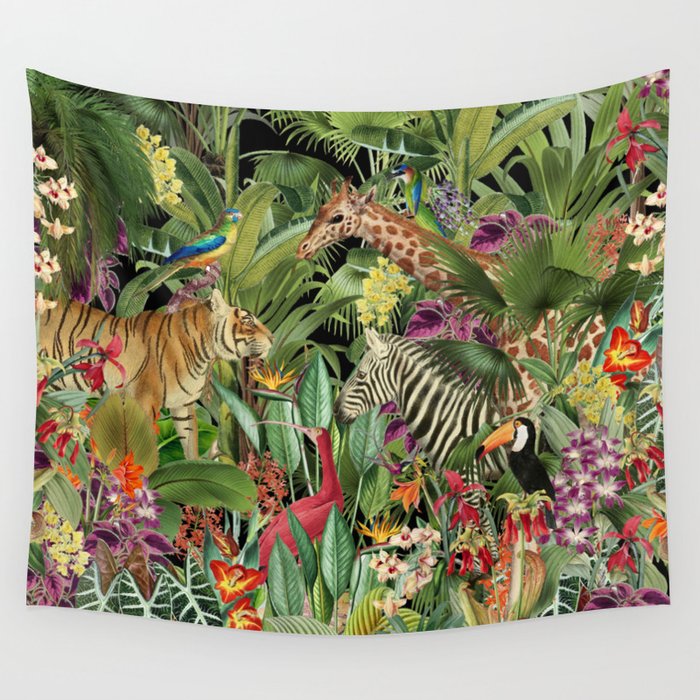 Tropical Eden Jungle on Black Vintage Print Wall Tapestry Gallery Image 4