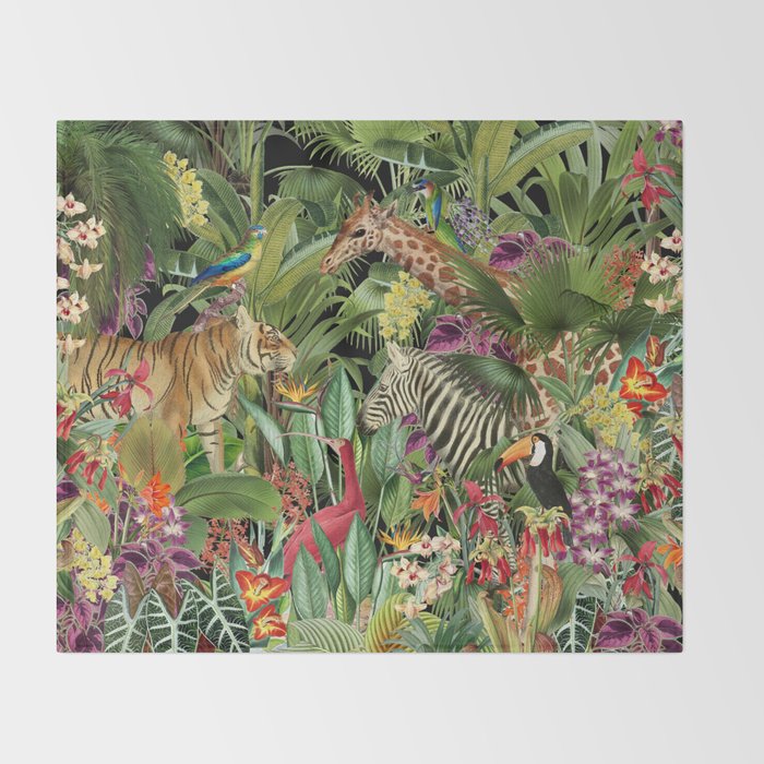 Tropical Eden Jungle on Black Vintage Print Throw Blanket Gallery Image 2