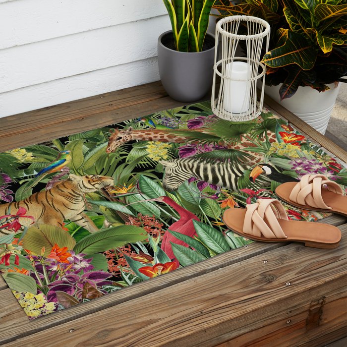Tropical Eden Jungle on Black Vintage Print Outdoor Rug Gallery Image 2