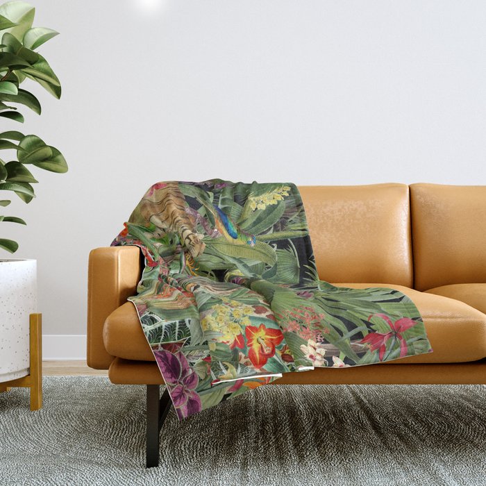 Tropical Eden Jungle on Black Vintage Print Throw Blanket Gallery Image 1