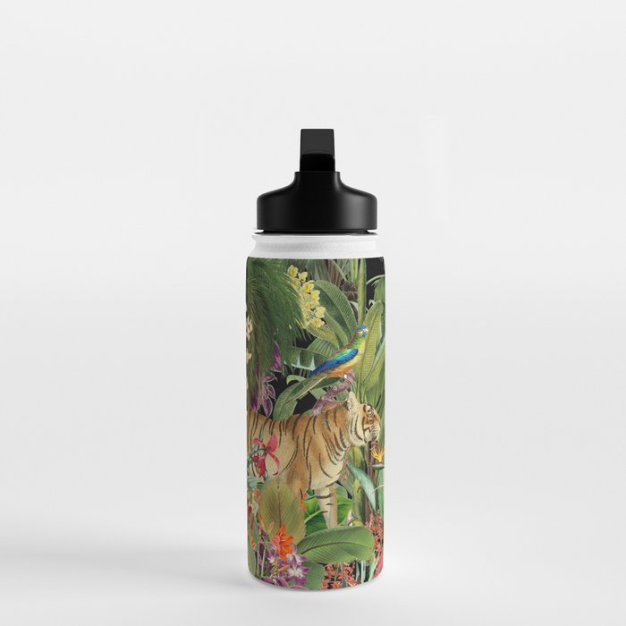 Tropical Eden Jungle on Black Vintage Print Water Bottle Gallery Image 3