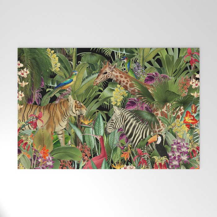 Tropical Eden Jungle on Black Vintage Print Welcome Mat Gallery Image 1