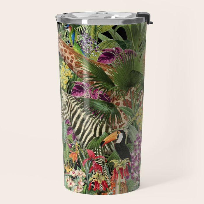 Tropical Eden Jungle on Black Vintage Print Travel Mug Gallery Image 2
