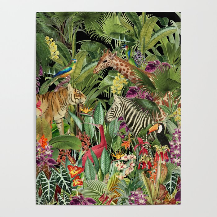 Tropical Eden Jungle on Black Vintage Print Poster Gallery Image 1