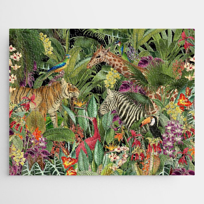 Tropical Eden Jungle on Black Vintage Print Jigsaw Puzzle Gallery Image 1