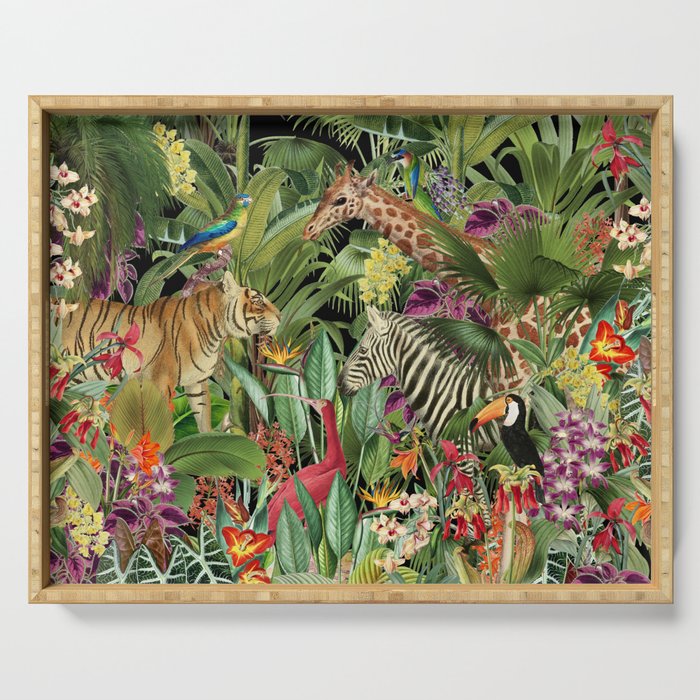 Tropical Eden Jungle on Black Vintage Print Serving Tray Gallery Image 1