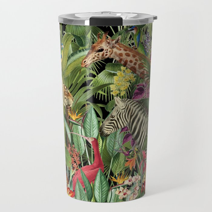 Tropical Eden Jungle on Black Vintage Print Travel Mug Gallery Image 1