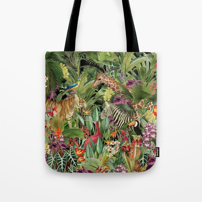 Tropical Eden Jungle on Black Vintage Print Tote Bag Gallery Image 1