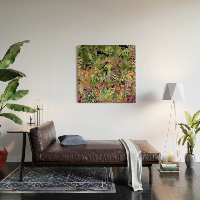 Tropical Eden Jungle on Black Vintage Print Wood Wall Art Gallery Image 2
