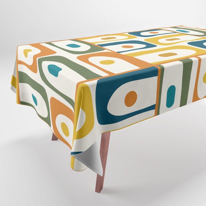 Mid Century Modern Piquet Multi Abstract Pattern in Moroccan Mustard Olive Blue Orange Cream Tablecloth Gallery Image 1