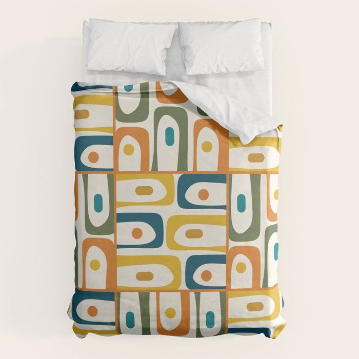 Mid Century Modern Piquet Multi Abstract Pattern in Moroccan Mustard Olive Blue Orange Cream Duvet Cover Gallery Image 6