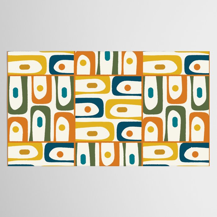 Mid Century Modern Piquet Multi Abstract Pattern in Moroccan Mustard Olive Blue Orange Cream Tablecloth Gallery Image 2