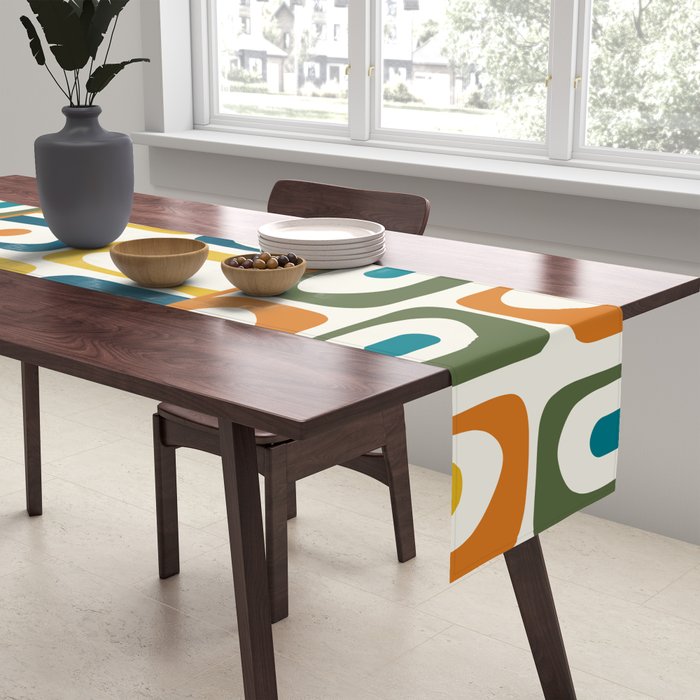 Mid Century Modern Piquet Multi Abstract Pattern in Moroccan Mustard Olive Blue Orange Cream Table Runner Gallery Image 2