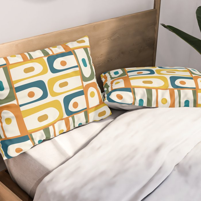 Mid Century Modern Piquet Multi Abstract Pattern in Moroccan Mustard Olive Blue Orange Cream Pillow Sham Gallery Image 2