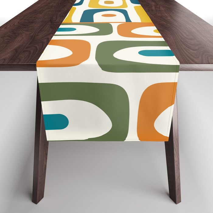 Mid Century Modern Piquet Multi Abstract Pattern in Moroccan Mustard Olive Blue Orange Cream Table Runner Gallery Image 1