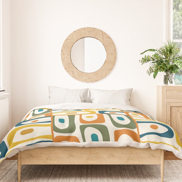 Mid Century Modern Piquet Multi Abstract Pattern in Moroccan Mustard Olive Blue Orange Cream Duvet Cover Gallery Image 3