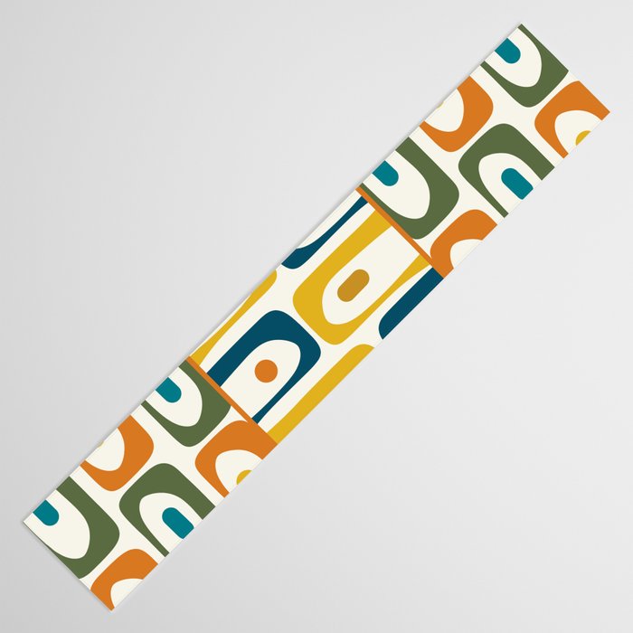 Mid Century Modern Piquet Multi Abstract Pattern in Moroccan Mustard Olive Blue Orange Cream Table Runner Gallery Image 3