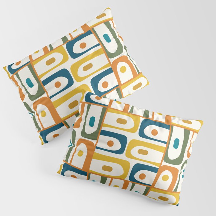 Mid Century Modern Piquet Multi Abstract Pattern in Moroccan Mustard Olive Blue Orange Cream Pillow Sham Gallery Image 1
