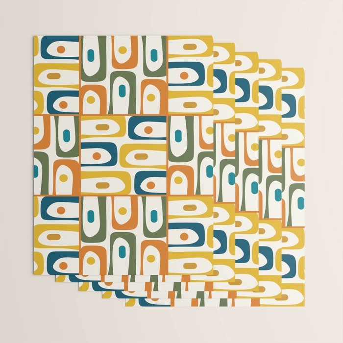 Mid Century Modern Piquet Multi Abstract Pattern in Moroccan Mustard Olive Blue Orange Cream Wrapping Paper Gallery Image 3