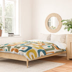 Mid Century Modern Piquet Multi Abstract Pattern in Moroccan Mustard Olive Blue Orange Cream Duvet Cover Gallery Image 2
