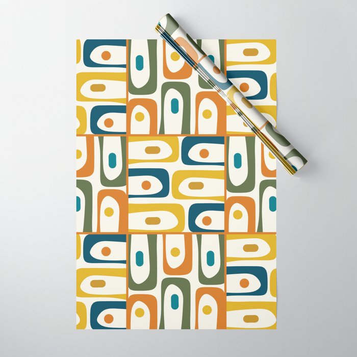 Mid Century Modern Piquet Multi Abstract Pattern in Moroccan Mustard Olive Blue Orange Cream Wrapping Paper Gallery Image 1