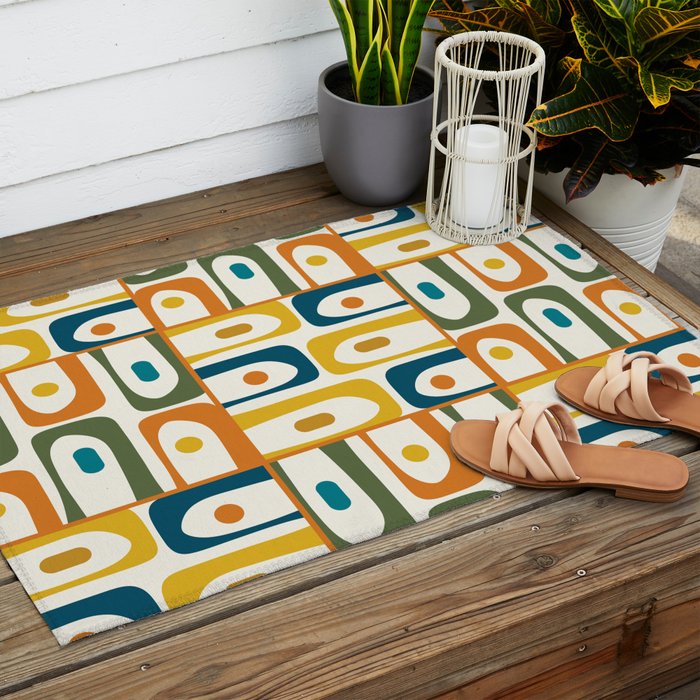 Mid Century Modern Piquet Multi Abstract Pattern in Moroccan Mustard Olive Blue Orange Cream Outdoor Rug Gallery Image 2