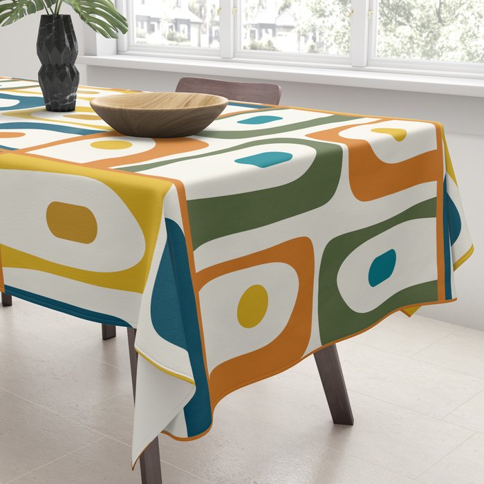 Mid Century Modern Piquet Multi Abstract Pattern in Moroccan Mustard Olive Blue Orange Cream Tablecloth Gallery Image 3