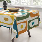 Mid Century Modern Piquet Multi Abstract Pattern in Moroccan Mustard Olive Blue Orange Cream Tablecloth Gallery Image 3