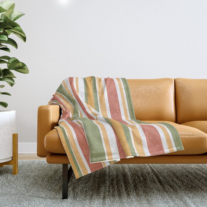 Retro Stripes 2 - Mid Century Modern 50s 60s 70s Pattern in Green, Orange, Yellow, and White Throw Blanket Gallery Image 1