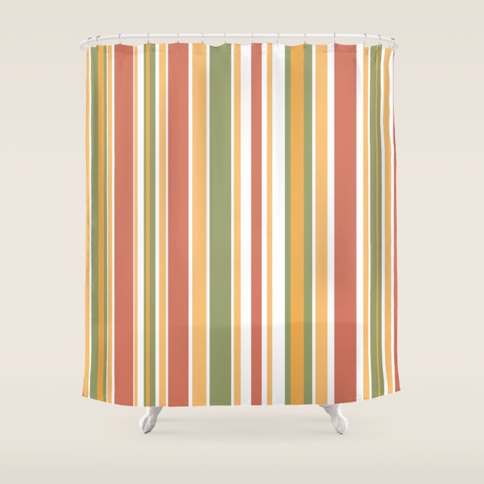 Retro Stripes 2 - Mid Century Modern 50s 60s 70s Pattern in Green, Orange, Yellow, and White Shower Curtain Gallery Image 1