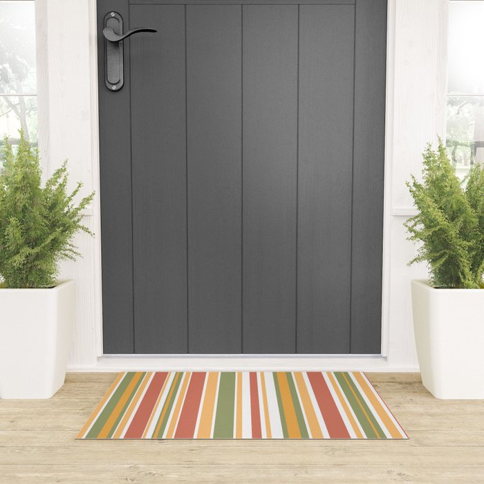 Retro Stripes 2 - Mid Century Modern 50s 60s 70s Pattern in Green, Orange, Yellow, and White Welcome Mat Gallery Image 3