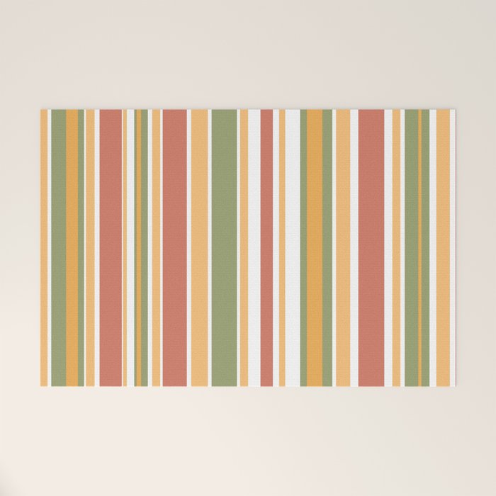 Retro Stripes 2 - Mid Century Modern 50s 60s 70s Pattern in Green, Orange, Yellow, and White Welcome Mat Gallery Image 1