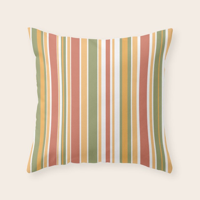 Retro Stripes 2 - Mid Century Modern 50s 60s 70s Pattern in Green, Orange, Yellow, and White Throw Pillow Gallery Image 1