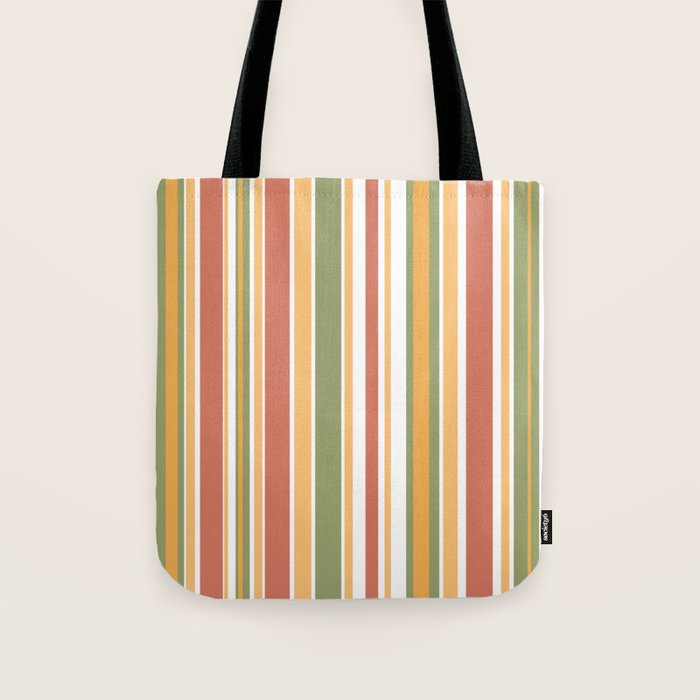 Retro Stripes 2 - Mid Century Modern 50s 60s 70s Pattern in Green, Orange, Yellow, and White Tote Bag Gallery Image 1